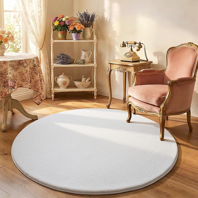 Amearea White Round Area Rugs 4ft Washable Circle Rugs for Bedroom Living Room, Fluffy Indoor Thickened Memory Foam Rug, Non Slip Minimalist Circular Carpet for Kids Boys Girls Dorm Nursery Room Decor