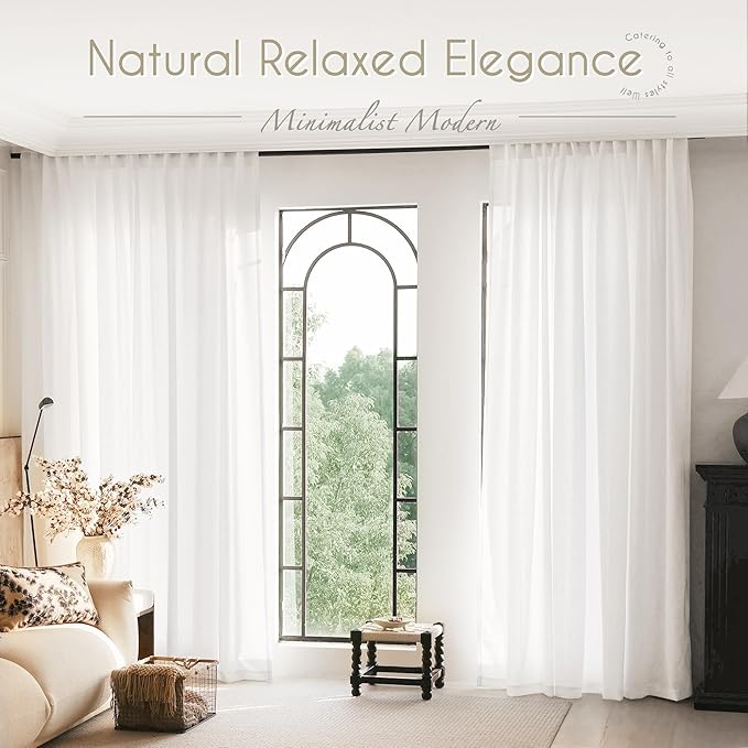 Extra Long White Curtain 120 inches Long 2 Panels Set Back Tab Light Filtering Cotton Textured Curtain Modern Farmhouse Coastal Decor Off White Linen Drapes 120 inch Length for Large Window 10 FT Tall