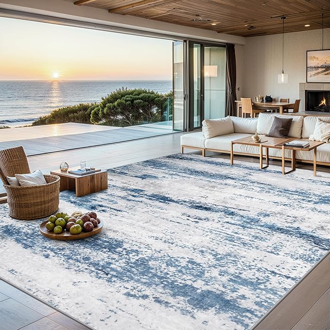 Area Rugs 10x14 Living Room - Washable Rug Modern Abstract Soft Large Neutral Non-Slip Carpet Indoor Floor Thin Carpets for Bedroom Dining Room Farmhouse Nursery Home Office White Blue Grey