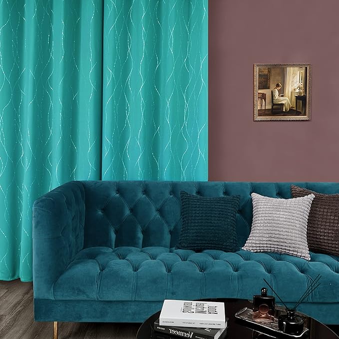 Deconovo Blackout Curtains for Bedroom, Thermal Insulated Soundproof Drapes with Wave Dot Foil Print, 42 x 95 Inch Long, Set of 2, Machine Washable Window Curtain for Living Room Office, Turquoise