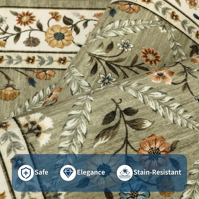 GarveeHome Living Room Rug 5x7 Rug Machine Washable Stain Resistant Area Rug Non Slip Floral Vintage Low Pile Rugs for Living Room, Bedroom, Farmhouse, Dining Room, Kids PlayroomGreen