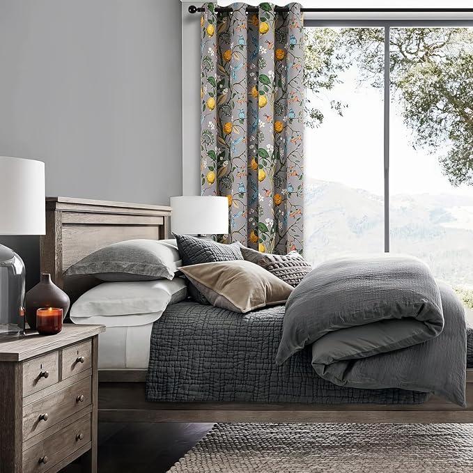 Topfinel 90 Inches Long Curtains, Gray and Yellow Moody Country Anthropologie Cabin Blackout Sun Block Floral Hummingbird Plant Lemon Patterned Grommet Damask Drapes Two Pages for Living Room Office