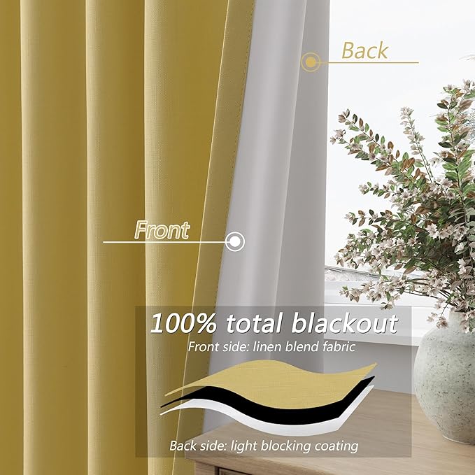 Guken Yellow 100% Blackout Linen Curtains 120 Inch Length 2 Panels Set for Living Room Bedroom Back Tab/Rod Pocket Thermal Insulated Black Out Drapes Room Darkening Window Curtains 52x120