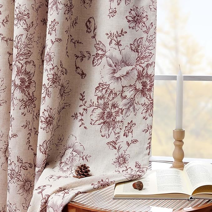 jinchan Blackout Floral Curtains for Living Room Bedroom Linen Blend Curtain Farmhouse Brick Red Printed with Lined Back Tab Rod Pocket Drapes Window Treatments 2 Panels 96 Inch