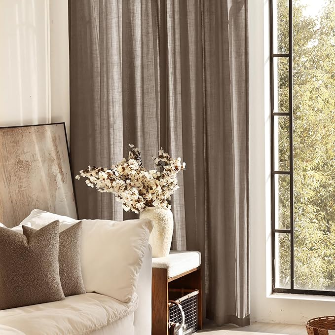 Chocolate Brown Linen Curtain 84 inch Length 2 Panels Set Back Tab Light Filtering Living Room Curtain Drapes Home Office Modern Minimalist Decor Farmhouse Boho Neutral Semi Sheer Curtain 84 inch Long