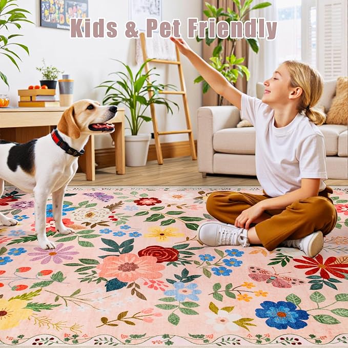 6x9 Area Rugs for Living Room: Floral Washable Rug Vintage Large Soft Boho Non-Slip Carpet Indoor Floor Stain Resistant Thin Carpets for Bedroom Dining Room Farmhouse Nursery Hallway Home Office Beige