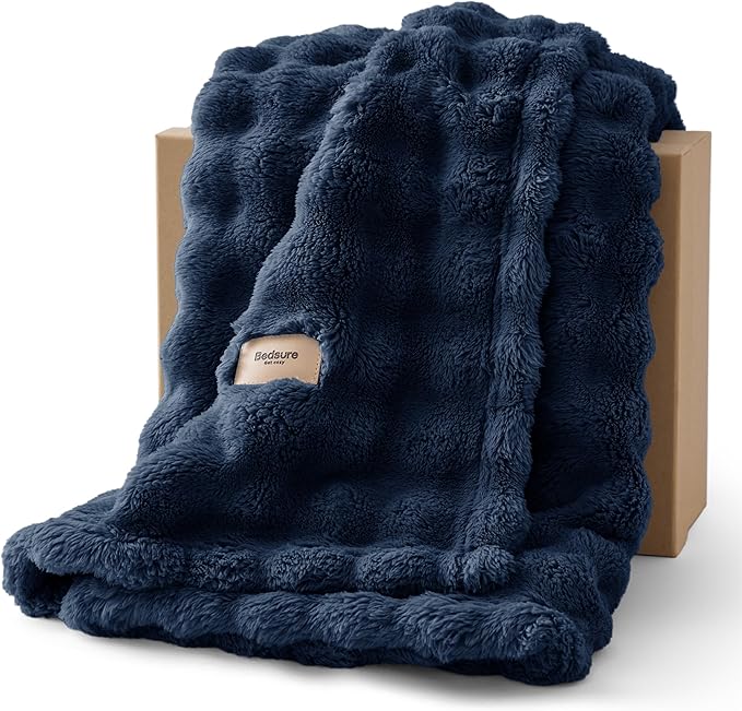 Bedsure 3D Fleece Bubble Blanket for Couch - GentleSoft Blue Twin Blanket for Sofa Bed Room Decor - Luxury Soft Cozy Gifts for Kids Girls, Lightweight, All Seasons, Navy Blue, 60"×80"