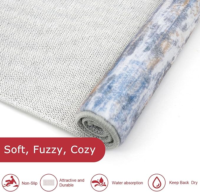 KOZYFLY Modern Abstract Washable Rug Runner 2.6x10 Hallway Rug Runner Non-Slip Soft Kitchen Runner Rugs, Blue Rust Striped Carpet for Entryway Bathroom Laundry Room Foyer