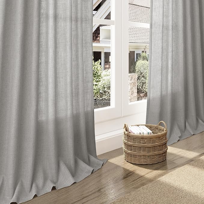 Nanspring Light Gray Linen Curtains for Living Room 120 Inches Long Back Tab Light Filtering Semi Sheer Curtain Extra Long Simple Modern Floor to Ceiling Grey Drapes for Bedroom 52x120, 2 Panels