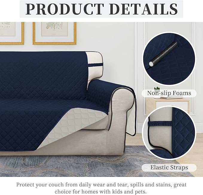 ISSUNTEX Double Protection 100% Waterproof Loveseat Sofa Covers for Living Room, Couch Covers for 2 Cushion Couch Sofa, Reversible Furniture Protector Sofa Cover for Dogs (Loveseat, Navy/Ivory)