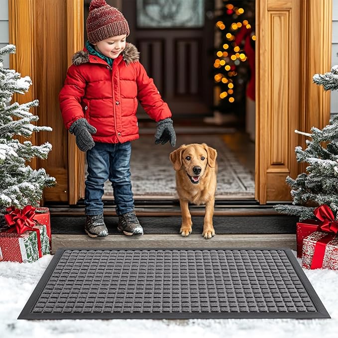 Smiry Front Door Mat Outside Entrance, Heavy Duty Natural Rubber Doormat, Non Slip, Trap Dirt and Moisture, Easy Clean, Low Profile Welcome Floor Mats for Indoor Outdoor Entry, 35x23 Inch, Mix Grey