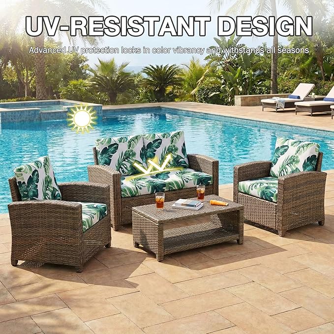 hyha 4Pcs Patio Cushion Covers, Stretch Outdoor Couch Cushion Covers, Washable Outdoor Chair/Sofa Slipcovers for Patio Furniture Cushions Protector with Elastic Bottom(Monstera Deliciosa,Cover Only)