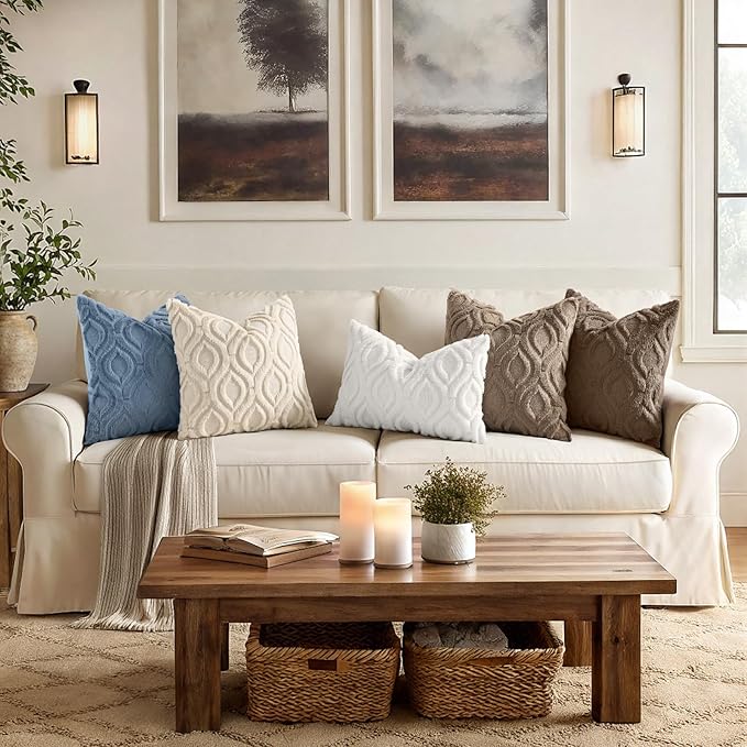 decorUhome Throw Pillow Covers 26x26 Inch Set of 2, Soft Plush Faux Wool Blue Solid Couch Pillow Covers, Accent Euro Sham Farmhouse Neutral Square Pillow Cases for Sofa Bed Living Room