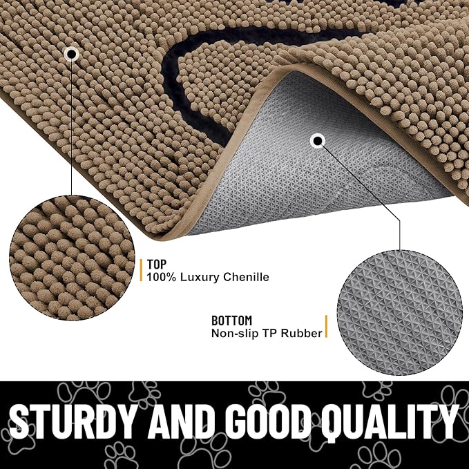 Smiry Dog Door Mat for Muddy Paws, Absorbent Dirt Trapper Non Slip Quick Dry Washable Chenille Mat for Mud Dogs, Entry Rug for Indoor and Outdoor (30x20 Inches, Camel and Black)
