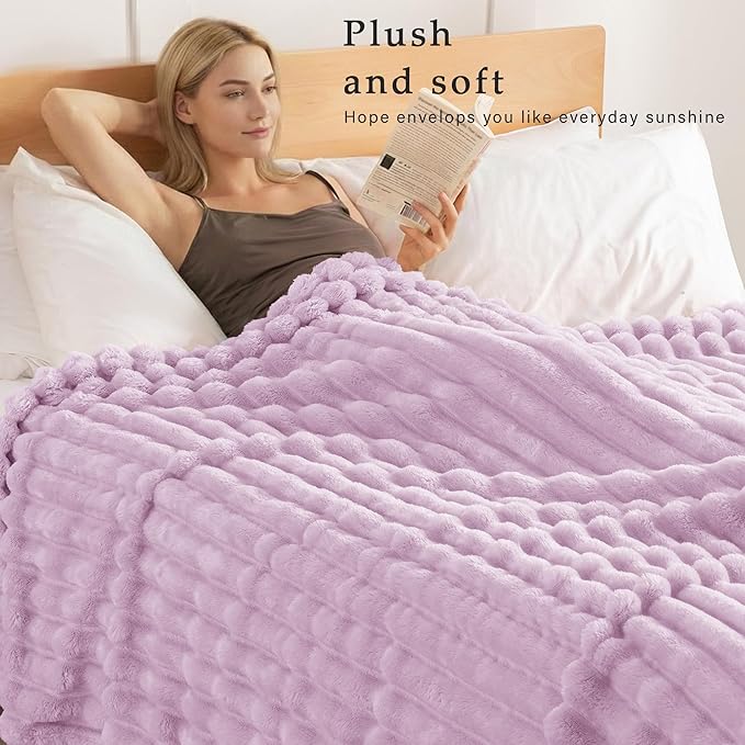 Exclusivo Mezcla Queen Size Flannel Fleece Blanket, Super Soft Striped Jacquard Bed Blanket, Lightweight Fuzzy Cozy for All Seasons, 90x90 Inches, Lilac Purple