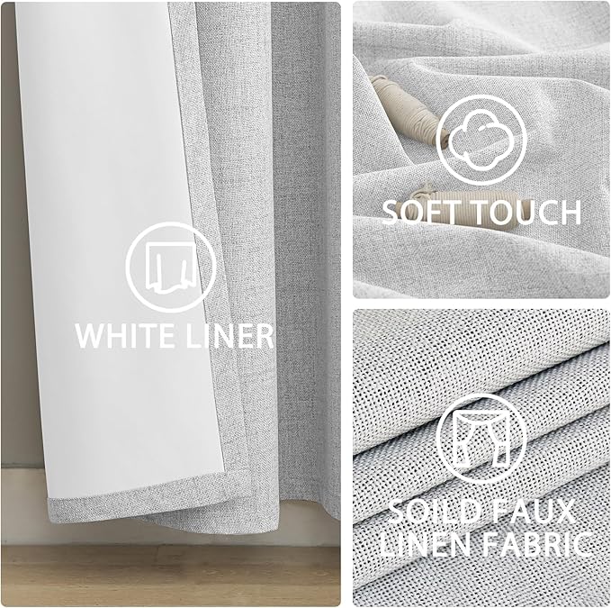 Yakamok White Linen Curtains 100% Blackout 72 Inches Long,Room Darkening Textured Drapes for Living Room Thermal Grommet Bedroom Curtains 2 Panels with Greyish White Liner