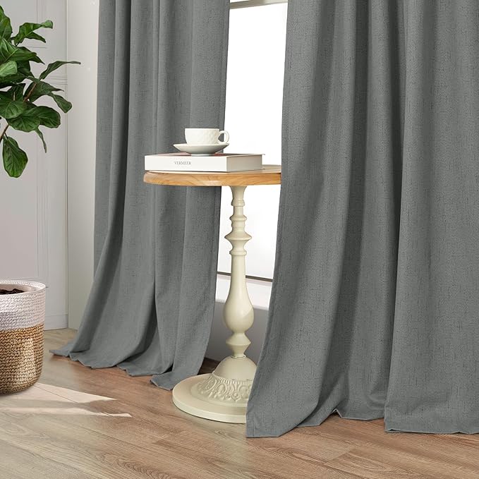 Gray Black Out Curtains 72 Inch Long for Bedroom 2 Panels Set Back Tab Pleated Neutral Boho Linen Textured Dark Grey Room Darkening Saving Energy Efficient Sound Deadening Drapes for Doorway 72 Length
