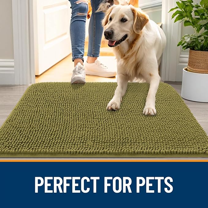 OLANLY Dog Door Mat for Muddy Paws 40x32, Absorbs Moisture and Dirt, Absorbent Non-Slip Washable Doormat, Quick Dry Chenille Mud Mat, Entry Indoor Entryway Carpet for Inside Floor, Willow Green