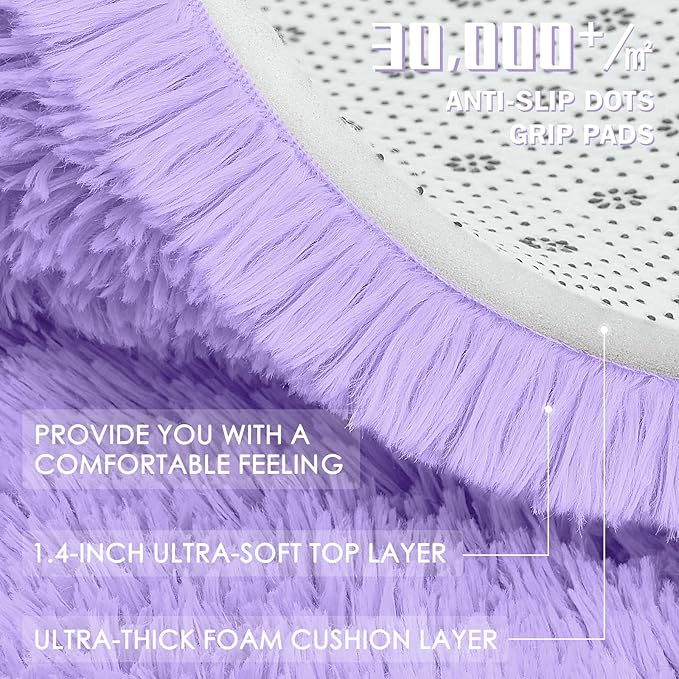 OLANLY Light Purple Round Rugs for Bedroom - Machine Washable, 5 ft Circle Area Rugs for Living Room, Soft and Fluffy Shaggy Carpet for Teen Girls and Boys, Nursery Rooms, Dorms, Home Decor Aesthetic