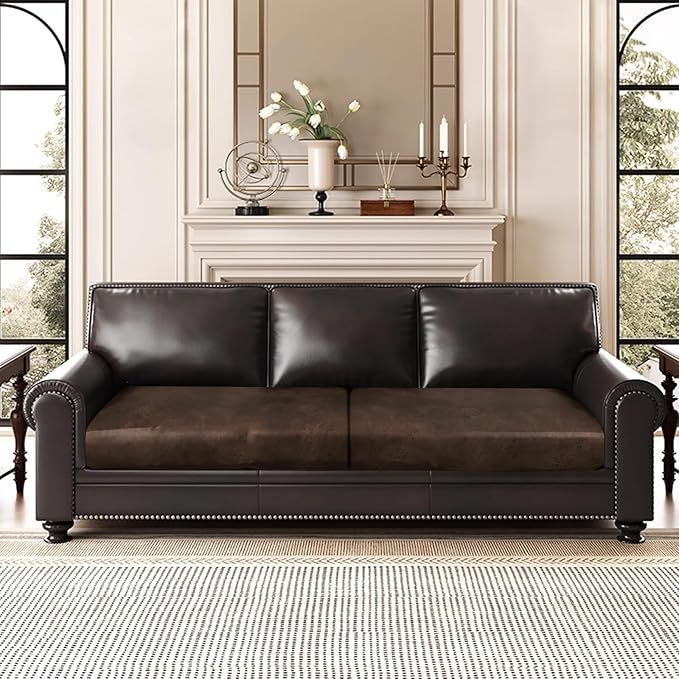 Leather Look Couch Cushion Covers Sofa Seat Slipcovers Sets Couches Furniture Protector for Sectional Armchair Loveseat Pets Kids Stretch Spandex Fabric (2 Cushion Sofa, Brown)