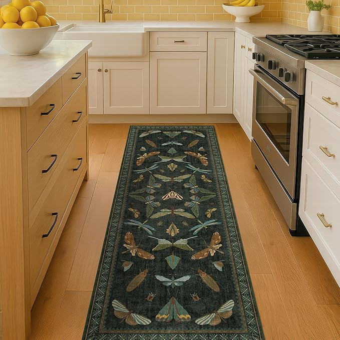 Hazo Haus Insect 2x7 Stain Resistant Kitchen Runner Rugs, Vintage Bathroon Rug Non Skid, Low Pile & Soft Non Slip with Rubber Backed, Dark Green Boho Room Decor for Bedroom