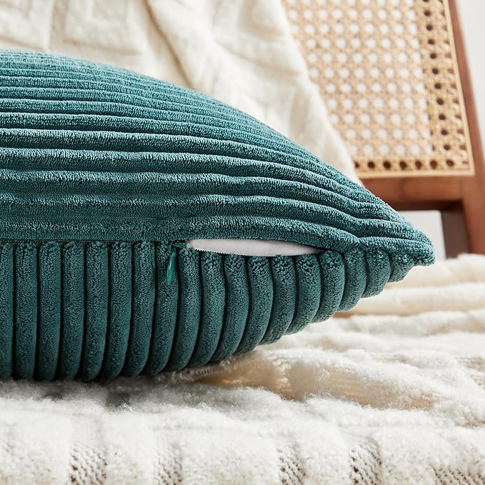 Fancy Homi 2 Packs Teal Lumbar Decorative Throw Pillow Covers 16x26 Inch for Living Room Couch Bed Sofa, Boho Home Decor, Soft Striped Corduroy Rectangle Accent Beige Cushion Case 65x40 cm