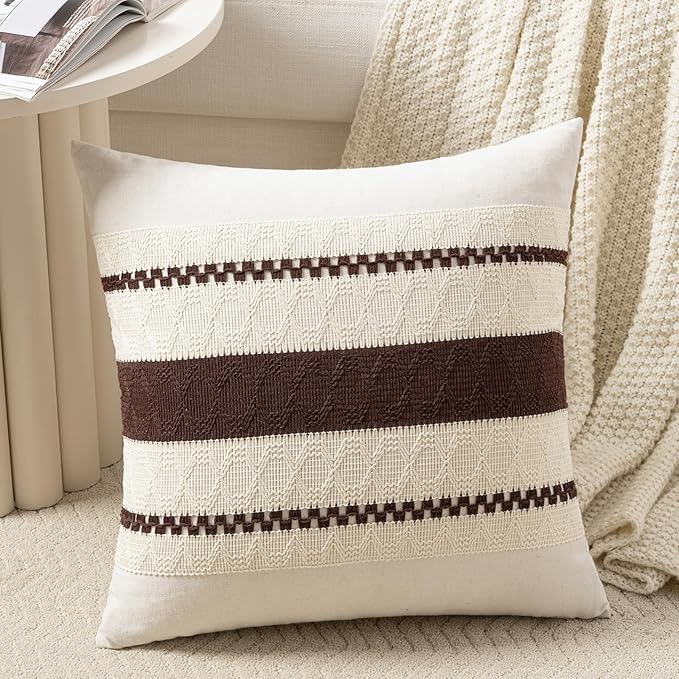 Fancy Homi Set of 1 Boho Brown Big Decorative Throw Pillow Cover 24x24 Inch for Couch Bed Bedroom, Aesthetic Modern Organic Farmhouse Room Decor, Soft Cotton Accent Macrame Woven Cushion Case