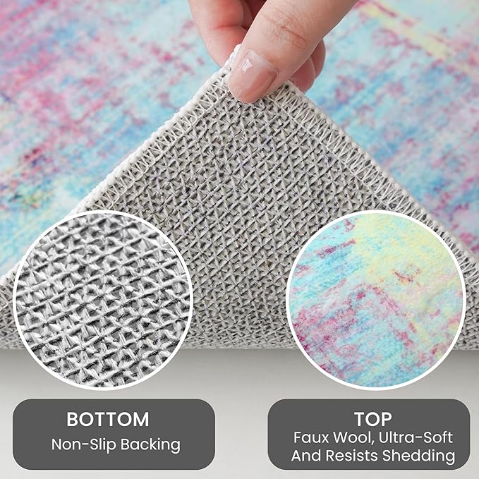 IOHOUZE Abstract Round Area Rug 8 Ft Washable Circle Rugs Large Round Rug Non Slip Thin Soft Circle Rugs, Printed Faux Wool Floor Carpet for Bedroom Living Room Dining Room Nursery, Pink Teal