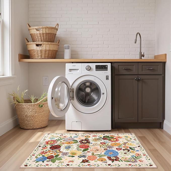 2x5 Entryway Runner Rugs, Non Slip Washable Rugs with Rubber Backing Soft Floral Carpet Runner for Kitchen, Laundry, Bedroom, Bathroom(2 x 5, Beige Garden)
