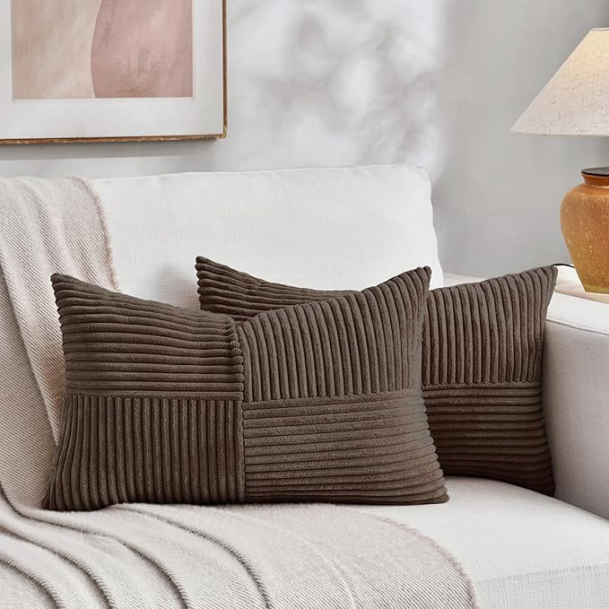 Fancy Homi 2 Packs Dark Brown Lumbar Decorative Throw Pillow Covers 12x20 Inch for Living Room Couch Bed, Rustic Farmhouse Boho Home Decor, Soft Striped Corduroy Rectangle Accent Cushion Case 30x50 cm