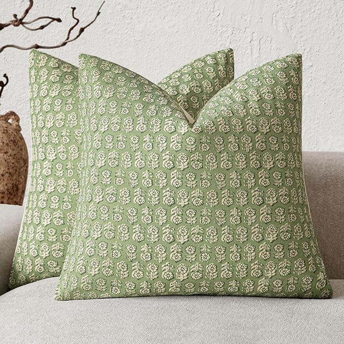 Foindtower Set of 2 Decorative Vintage Floral Print Throw Pillow Covers Neutral Modern Farmhouse Cushion Covers Boho Home Decor for Sofa Couch Chair Bedroom Living Room Outdoor,22×22 Inch,Lime Green