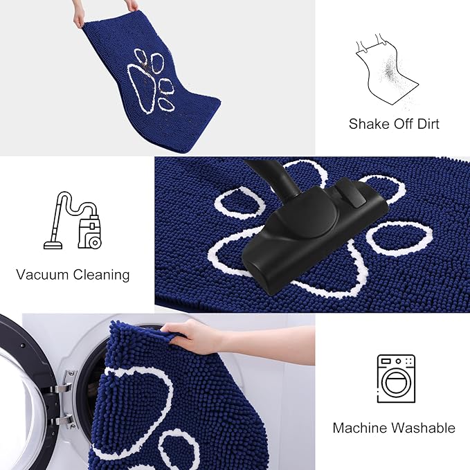 Smiry Dog Door Mat for Muddy Paws, Absorbent Dirt Trapper Non Slip Quick Dry Washable Chenille Mat for Mud Dogs, Entry Rug for Indoor and Outdoor (36x24 Inches, Navy Blue and White)