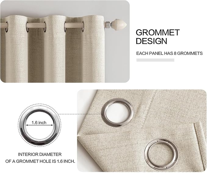MIULEE Linen Curtains 100% Blackout for Bedroom Thermal Insulated Stone Grommet Room Darkening Curtains & Drapes Fall Decor for Living Room Nursery 52 x 72 Inch (2 Panels)