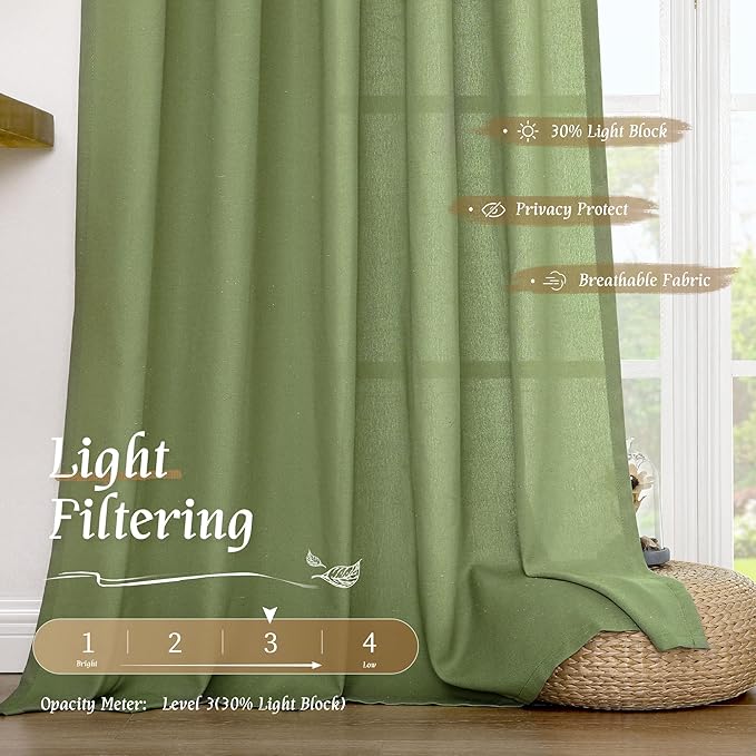 LAMIT 48 Inch Linen Curtains 2 Panels, Soft Faux Linen Light Filtering Panels Rod Pocket Farmhouse Privacy Drapes for Small Window/Loft Room, 42 x 48 Inch, Green