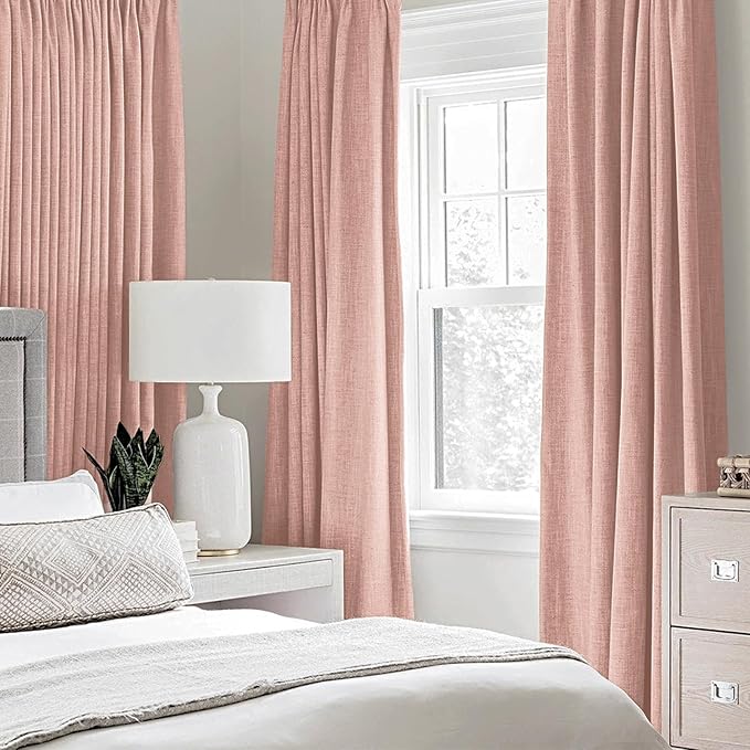 MIULEE Linen Curtains for Bedroom 100% Blackout Thermal Insulated Blush Pink Grommet Room Darkening Curtains & Drapes for Living Room Nursery 52 x 90 Inch (2 Panels)