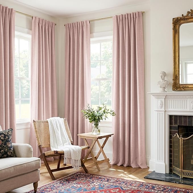 100% Blackout Shield Blush Linen Blackout Curtains for Bedroom 96 Inches Long, Back Tab/Rod Pocket Living Room Drapes, Thermal Insulated Blackout Curtains 2 Panels Set, 50" W x 96" L
