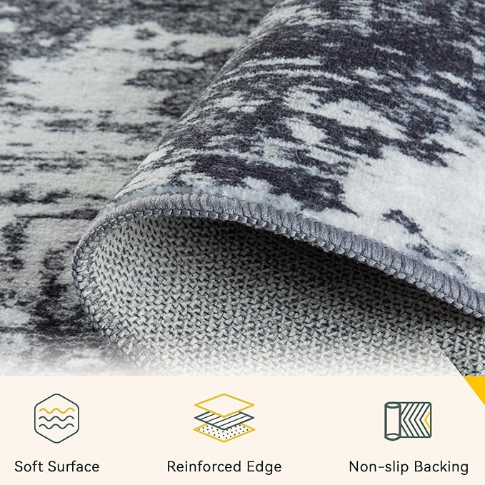Washable Area Rugs 9'x12' Non-Slip Modern Abstract Soft for Living Room Entryway Bedroom Nursery, Print Pattern, Black Navy Blue Gray