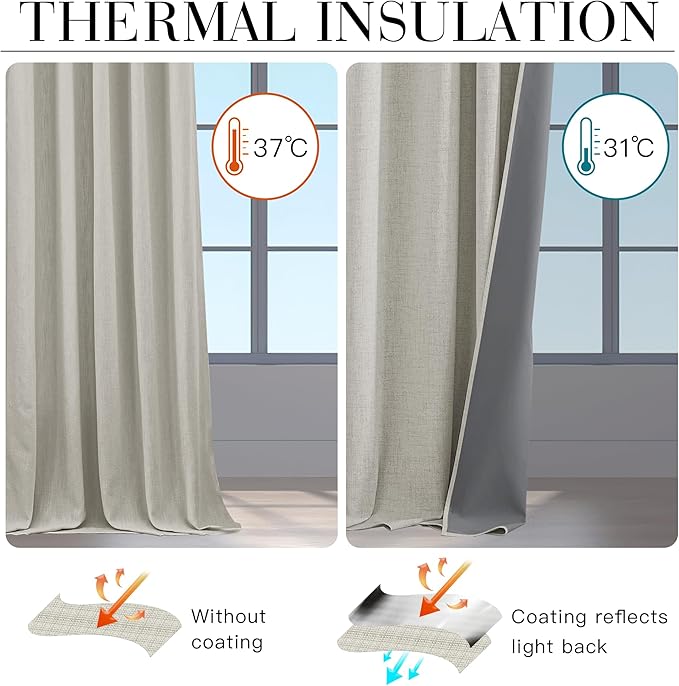 RYB HOME Cream Color 100% Blackout Curtains for Bedroom 102 inch Long 52 inch Wide, Linen Blackout Curtains Privacy Protection& Thermal Insulated for Sliding Door/Living Room, 2 Panels
