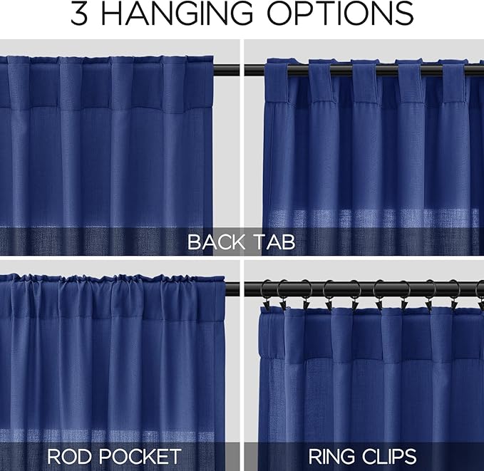 Nanspring Classic Blue Linen Curtains 72 Inch Length for Living Room Semi Sheer Light Filtering Door Drapes 2 Panels Set for Kids Bedroom Light Filtering Back Tab Modern Farmhouse Decor 52x72