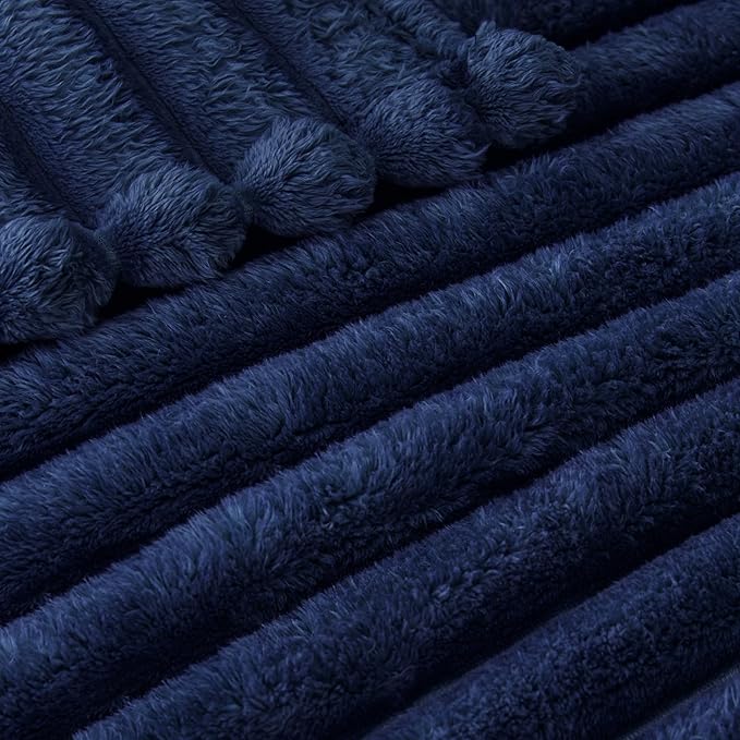 Exclusivo Mezcla Queen Size Flannel Fleece Blanket, Super Soft Striped Jacquard Bed Blanket, Lightweight Fuzzy Cozy for All Seasons, 90x90 Inches, Navy Blue