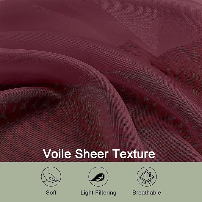 OWENIE Sheer Curtains 2 Panels Set for Bedroom Living Room, Soft Solid Rod Pocket Light Filtering Window Treatment, 2Pcs Each 59" W x 90" L, Burgundy Wine