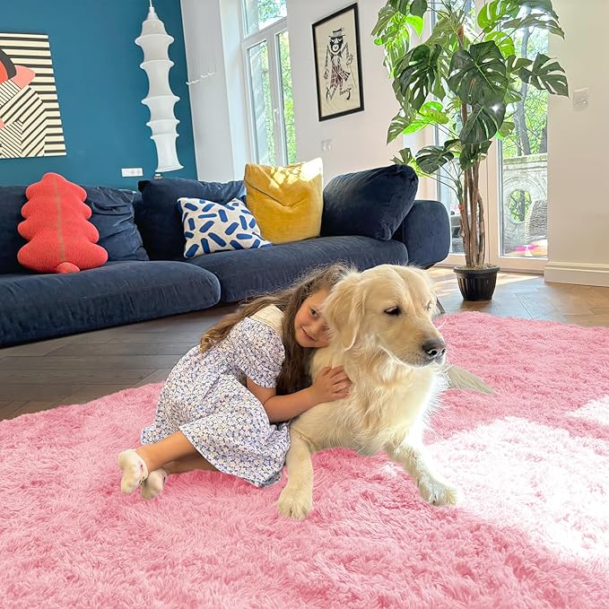 OLANLY 6x9 Machine Washable Large Area Rugs for Living Room, Bedroom, Soft Fluffy Shaggy Bedside Rug, Indoor Floor Carpet for Kids Girls and Boys, Dorms, Nursery, Home Decor Aesthetic, Pink