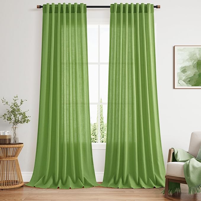 Nanspring Lime Green Linen Blend Light Filtering Back Tab Curtains 96 Inches Long, Semi Sheer Privacy Drapes for Living Room & Bedroom, 52x96 inch, 2 Panels