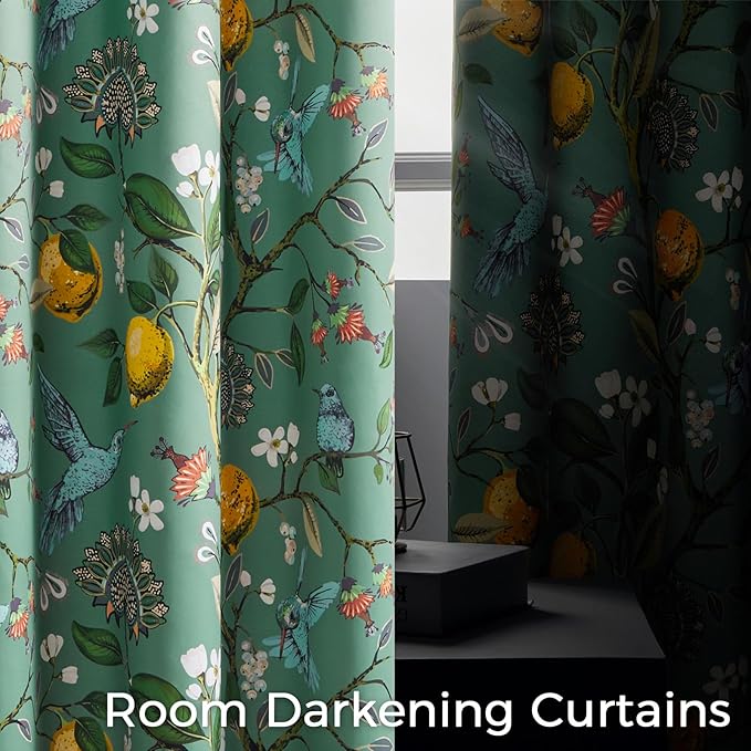 Topfinel 92 Inches Long Custom Sage Green Luxury Curtains for Living Room Bedroom, Blackout Vintage Victorian Curtains Floral Lemon Hummingbird Printed Grommet Drape 92 Inch Length