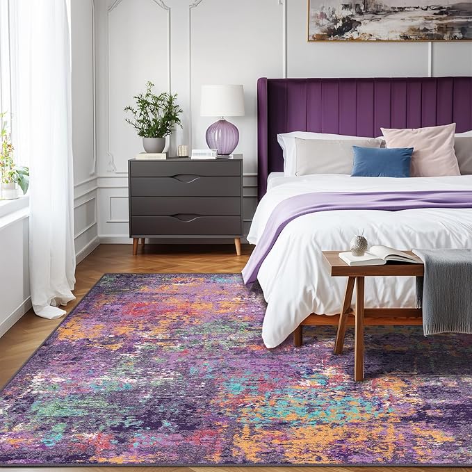 Washable Area Rugs 9'x12' Non-Slip Modern Abstract Soft for Living Room Entryway Bedroom Nursery, Print Pattern, Purple Orange Blue Green Rust Red Colorful