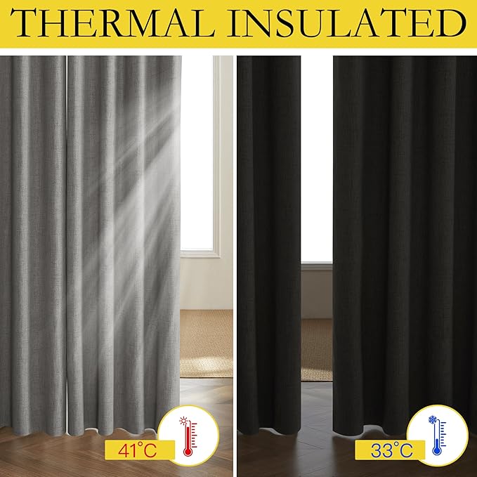 NICETOWN Grizzle Gray Vintage Linen 100% Blackout Curtains for Living Room, Thermal Insulated Curtains 102" Long, Noise Reducing Window Treatment Drapes for Hall Room, 52" Wide Per Panel, Set of 2