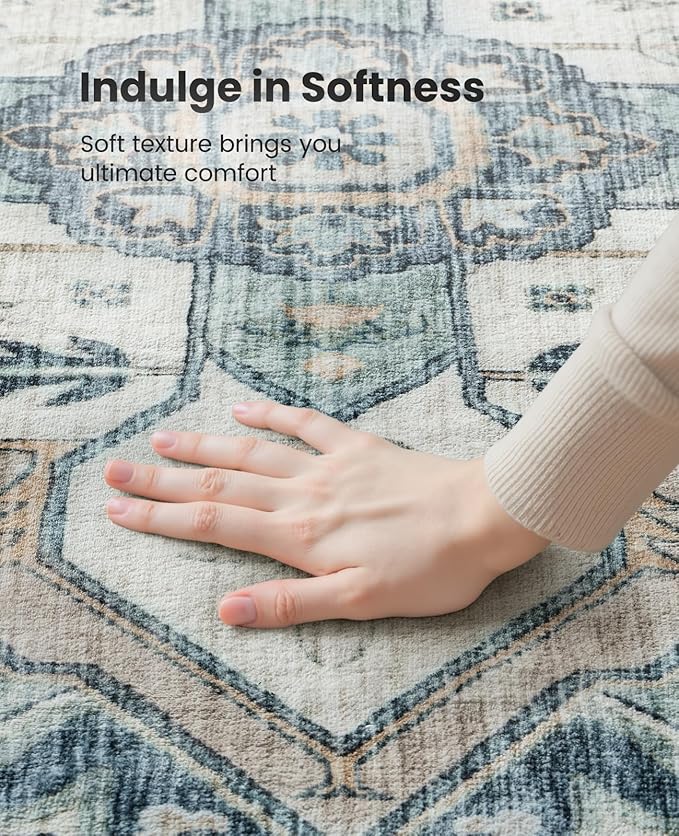 AMADA HOMEFURNISHING 6x9 Area Rugs, Blue Low-Profile Washable Rug with Non-Slip Backing & Durable Edge Binding, Vintage Rugs for Living Room, Bedroom, Dinning Room