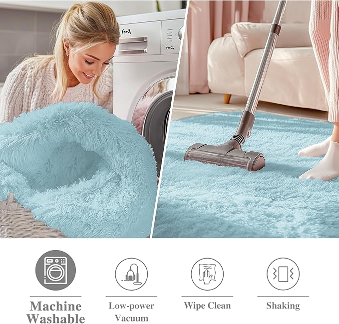 OLANLY Light Blue Round Rugs for Bedroom - Machine Washable, 2 ft Circle Area Rugs for Living Room, Soft and Fluffy Shaggy Carpet for Teen Girl and Boys, Nursery Rooms, Dorms, Home Decor Aesthetic