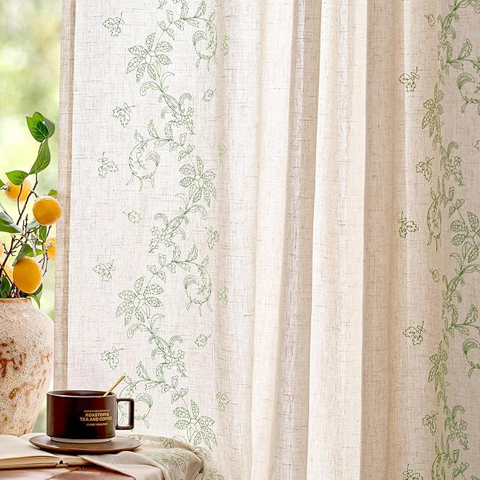jinchan Evelyn Embroidered Linen Curtains 63 inch Floral Curtains for Living Room Bedroom Farmhouse Cottagecore Semi Sheer Light Filtering Window Drapes Rod Pocket 2 Panels W50 x L63 Sage Green