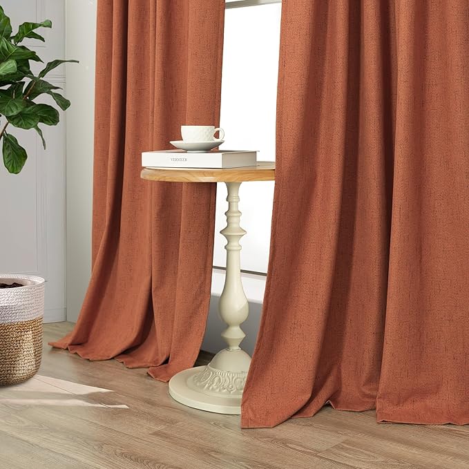 Pitalk Boho Blackout Curtains for Living Room Linen Textured Bohemian Vintage Mid Century Modern Farmhouse Curtains for Bedroom 90 Inch Length 2 Panel Rust Terracotta Colored Long Drapes Dusty Orange